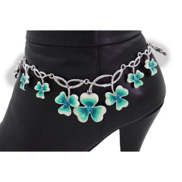 Women Silver Metal Chain Boot Bracelet Shoe Bright Baby Blue Clover Flower Charm - Picture 4 of 12
